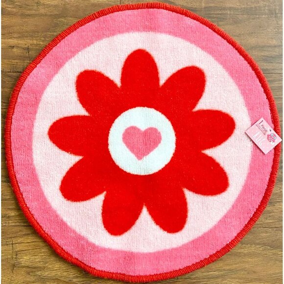 New Red & Pink Flower & Heart Print Round Rug w/ No Slip Rubber Backing 17” - Picture 1 of 4